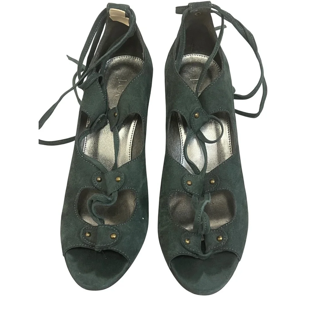 J.Crew Wedge Sandals Womens Sz 8 Dark Green Suede Lace Up Peep Toe Boho Chic